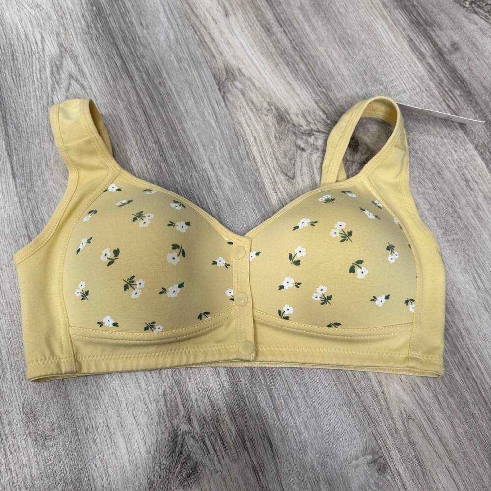 Daisy Bra Yellow Front Closure Wireless Bra Wide Straps Full Coverage Size Large